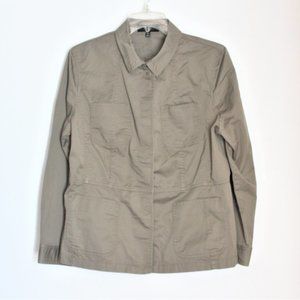 Talbots Utility Blouse Olive Green Cotton Spandex Long Sleeve Top Size 14P